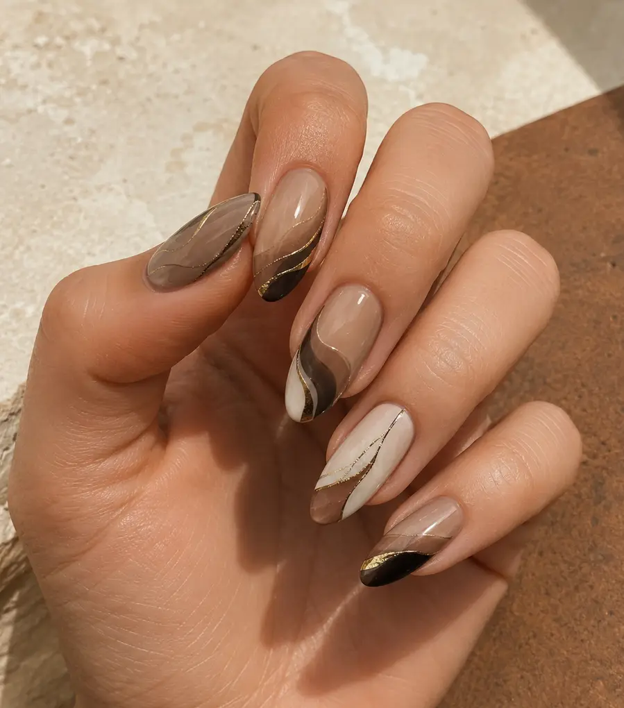 Intricate graphite, ivory and copper sculpted acrylic nail design