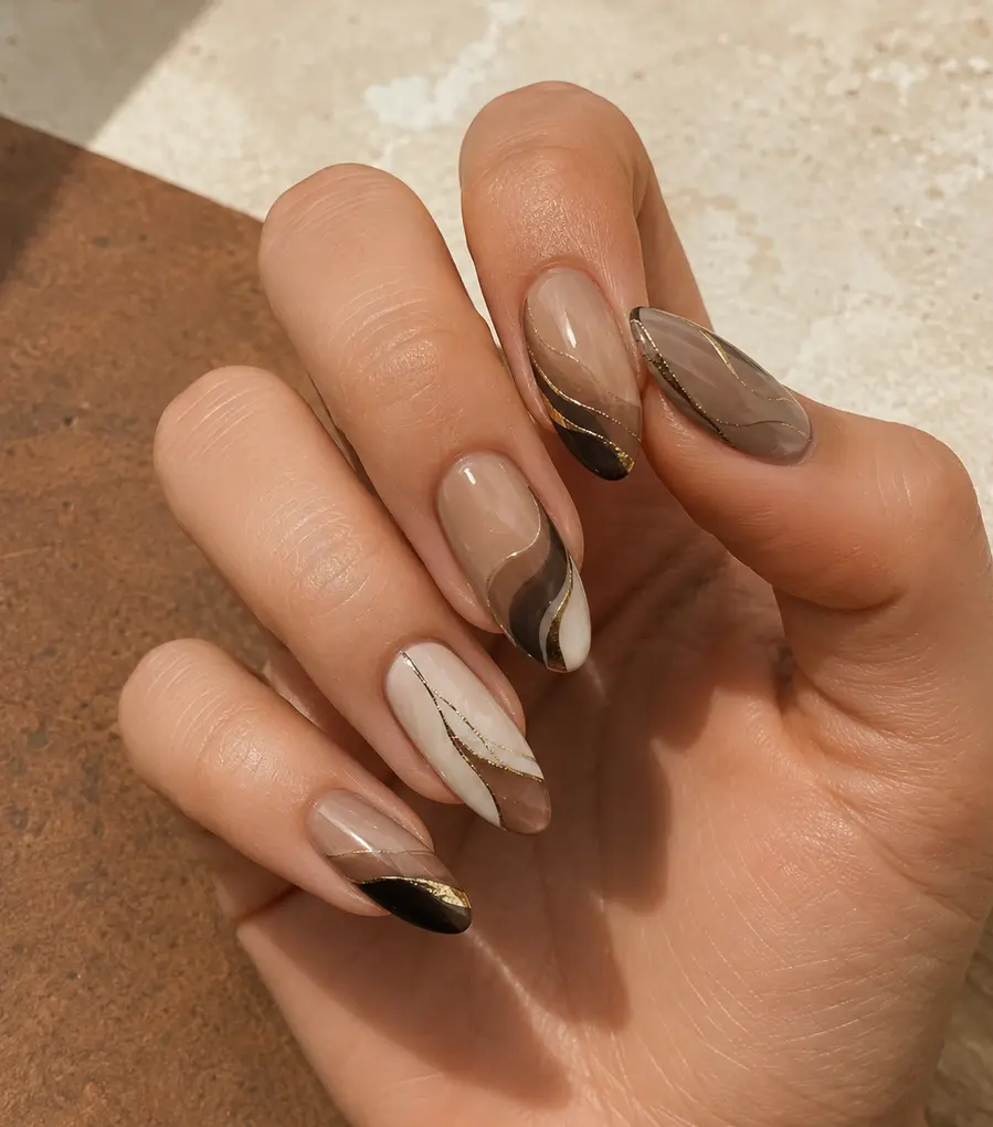 Intricate magnetic blue, botanical and copper custom nail art design